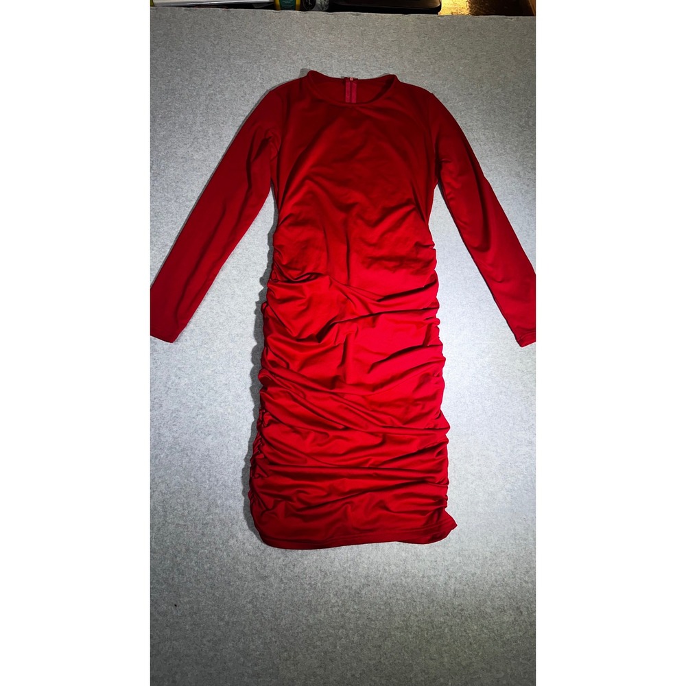 Red Long Sleeve Ruched Bodycon Mini Dress Crew Neck Cocktail Evening 0034